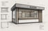 Skizze eines modernen Kiosks mit Theke, Regalen und dem Schriftzug "KIOSK" über dem Eingang.