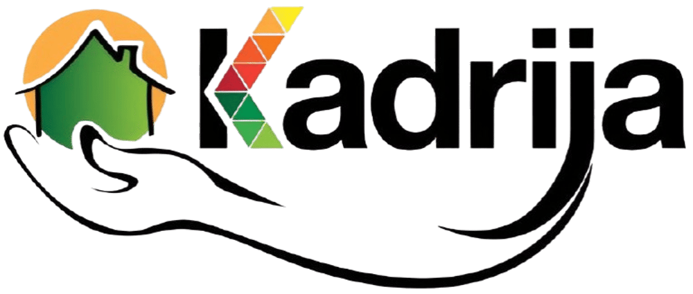 Logo der Firma Kadrija mit grünem Haus-Symbol vor gelber Sonne und einem bunten Buchstaben K aus Dreiecken.