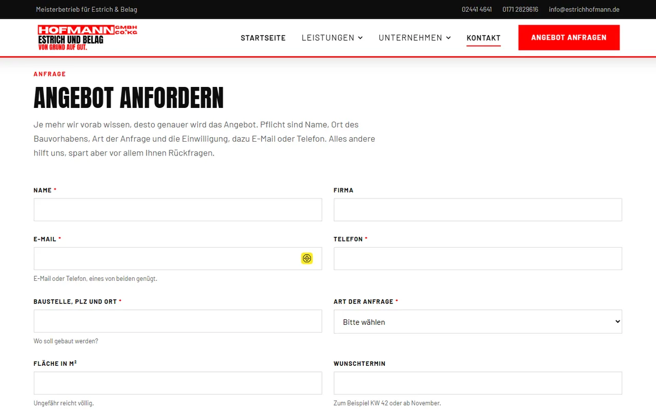 Anfrageformular auf estrichhofmann.de mit Pflichtfeldern und optionalen Angaben