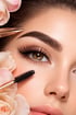 Nahaufnahme einer Frau mit Wimperntusche und Pinzette an den Augenbrauen, umgeben von Rosen.