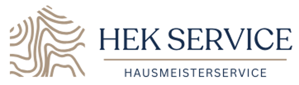 Logo von HEK SERVICE Hausmeisterservice mit einem abstrakten, linienförmigen Haus-Symbol auf schwarzem Hintergrund.