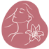 Weiße Strichzeichnung einer Frau im Profil mit geschlossenen Augen und einer Lilie vor rosa Hintergrund.
