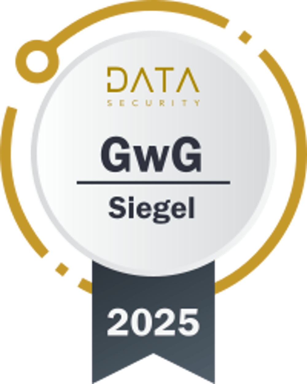 Goldenes und graues GwG-Siegel 2025 mit Text „DATA SECURITY GwG Siegel 2025“.