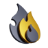 Stylisiertes Feuer-Symbol mit drei Flammen: zwei dunkelgrau, eine goldfarben.