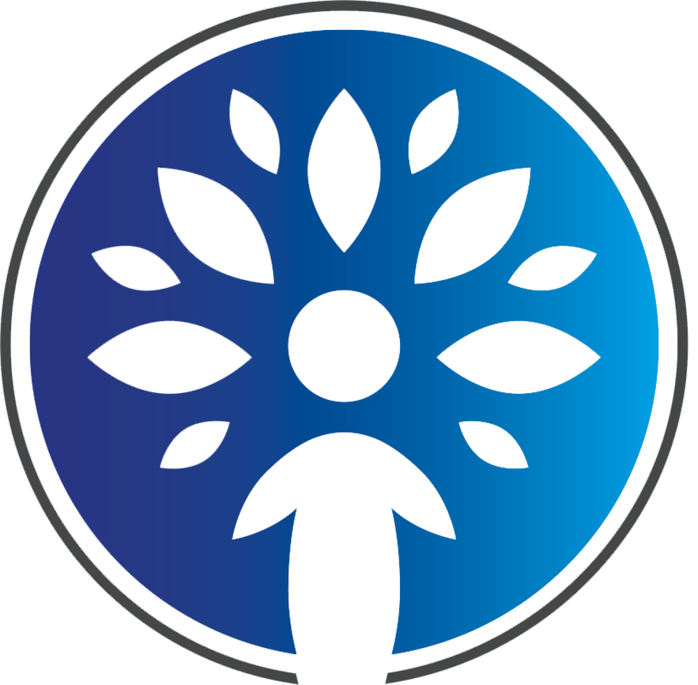 Blauer Kreis mit Baumumriss, der eine Person darstellt.