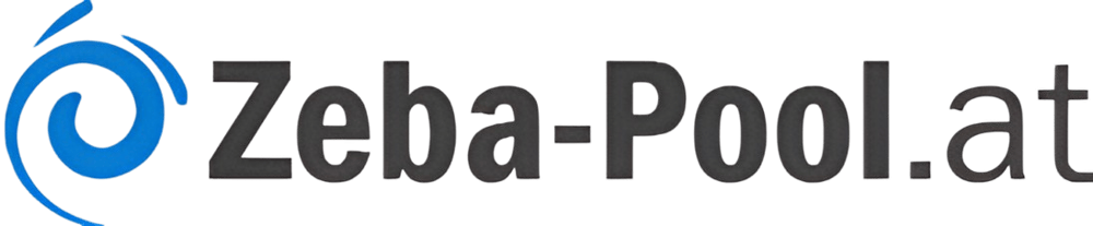 Logo mit blauem Wirbel und dem Text "Zeba-Pool.at" in Grau auf dunklem Hintergrund.