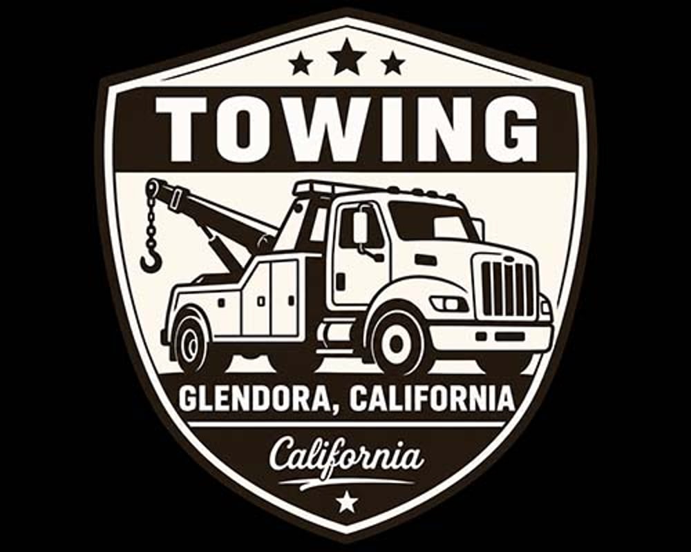 Towing shield logo featuring a tow truck and the text Glendora, California.