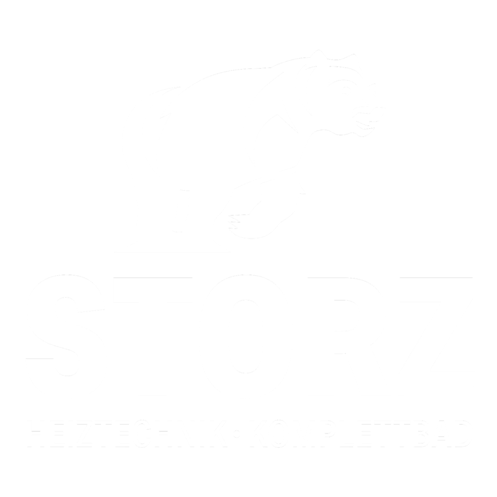 Grünes Logo mit weißem Bären über "STORZ HEIZTECHNIK KOMPLETTBAD".