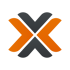 Stylisiertes X-förmiges Logo mit zwei orangefarbenen und zwei dunkelgrauen, geschwungenen Segmenten.