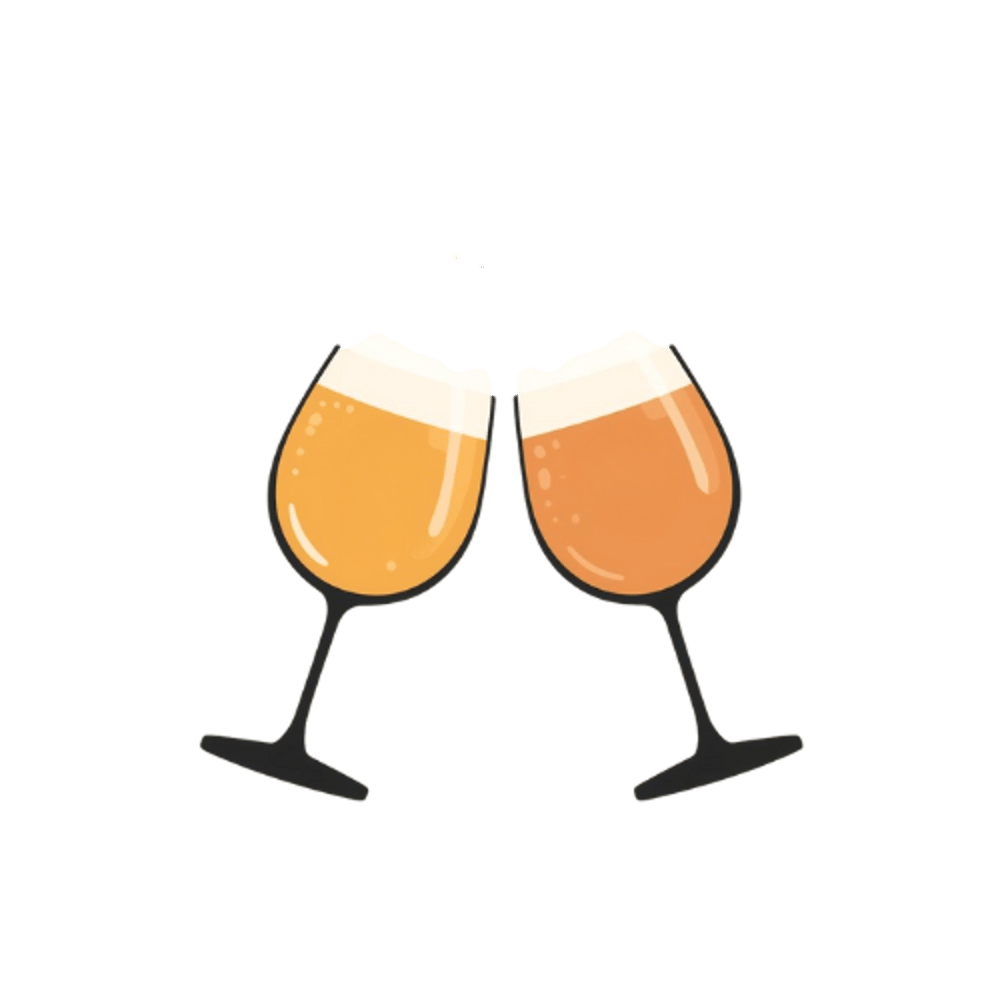 Zwei Biergläser stoßen mit schäumendem, bernsteinfarbenem Bier an, ein kleines Herz schwebt zwischen ihnen.