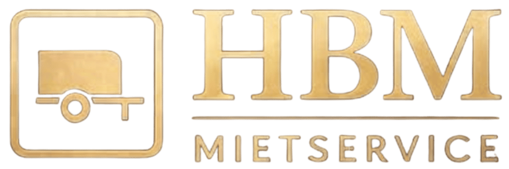 Das Logo zeigt ein Anhängersymbol und den Text "HBM Mietservice" in goldener Schrift auf grünem Hintergrund.