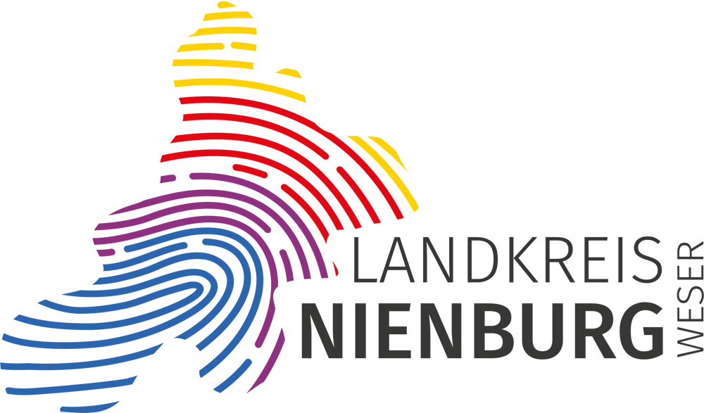 Logo von Lügde: Rote Skyline, blauer Hügel, Schriftzug "Lügde Staatlich anerkannter Erholungsort".