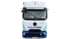 Frontansicht eines weißen Mercedes-Benz Lastwagens mit "COLDTOM!"-Logo und blauen Streifen auf der Seite.