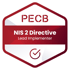 Rotes und weißes PECB NIS 2 Directive Lead Implementer Abzeichen mit Häkchensymbol.