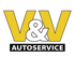 Logo mit gelben Großbuchstaben "V&V" und weißem "&"-Zeichen, darunter "AUTOSERVICE" in weiß auf schwarzem Balken.