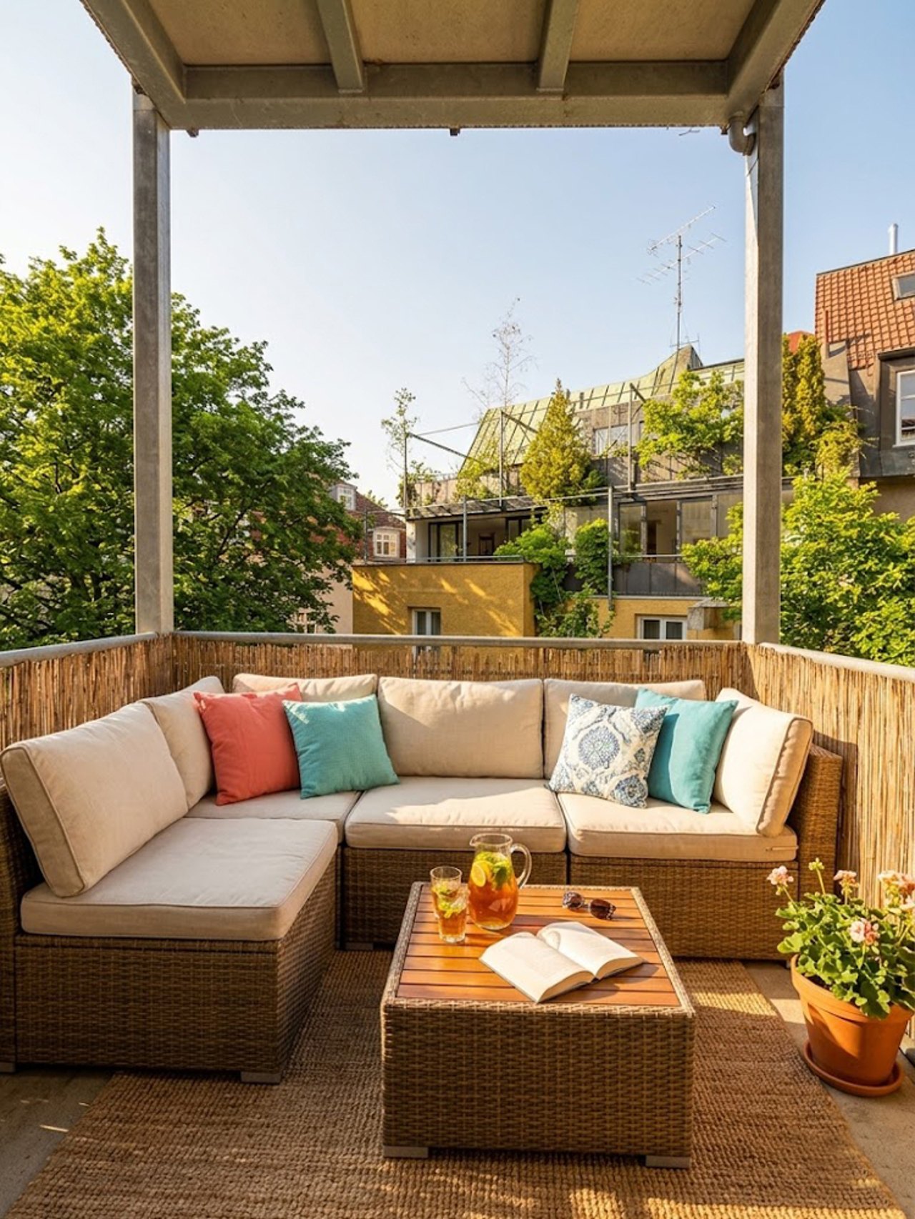 Südwestbalkon mit Blick in den Innenhof (KI-Staging)