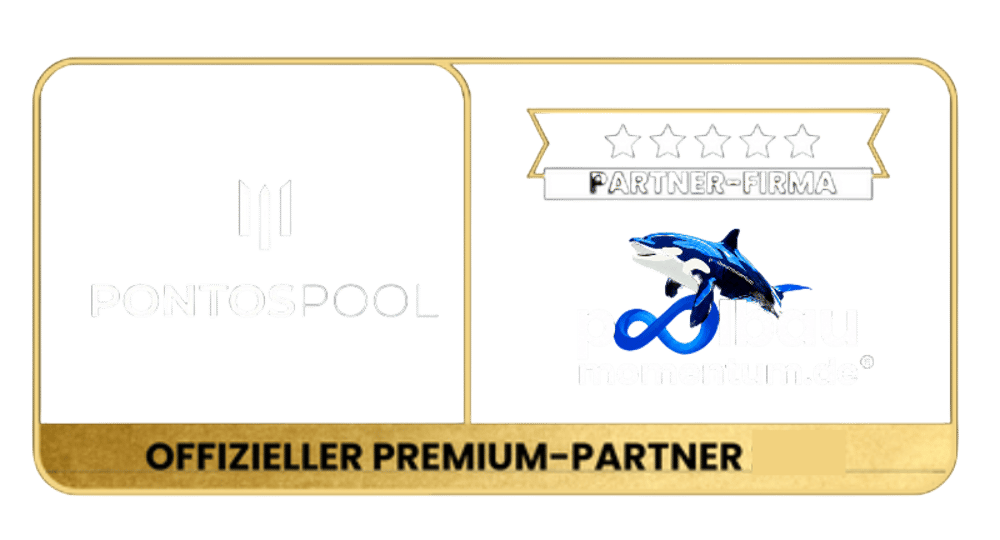 Goldenes Abzeichen "OFFIZIELLER PREMIUM-PARTNER 2024" mit Logos von Pontos Pool und Poolbau Marketing als 5-Sterne Partner-Firma.