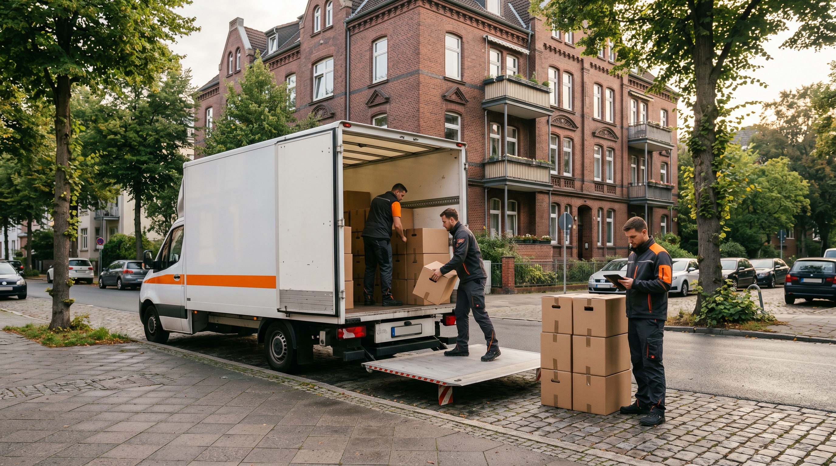Entrümpelungsteam in Arbeitskleidung belädt einen Transporter vor einem Mehrfamilienhaus in Hannover