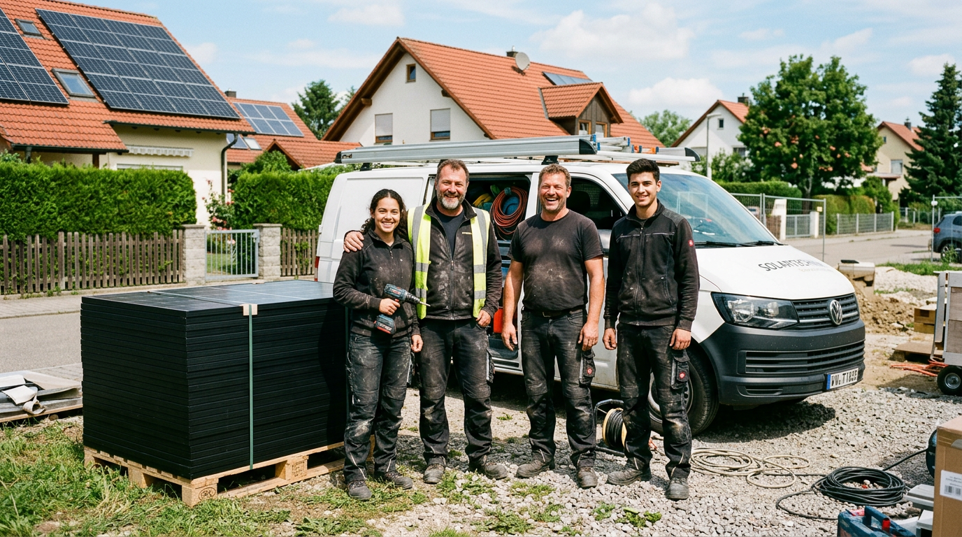 PV-Montageteam am Transporter