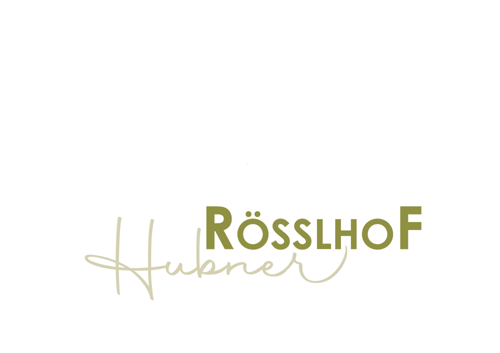 Logo: Weißes Pferd und Lama auf grünem Hintergrund, mit den Schriftzügen "RÖSSLHOF" und "Hubner".
