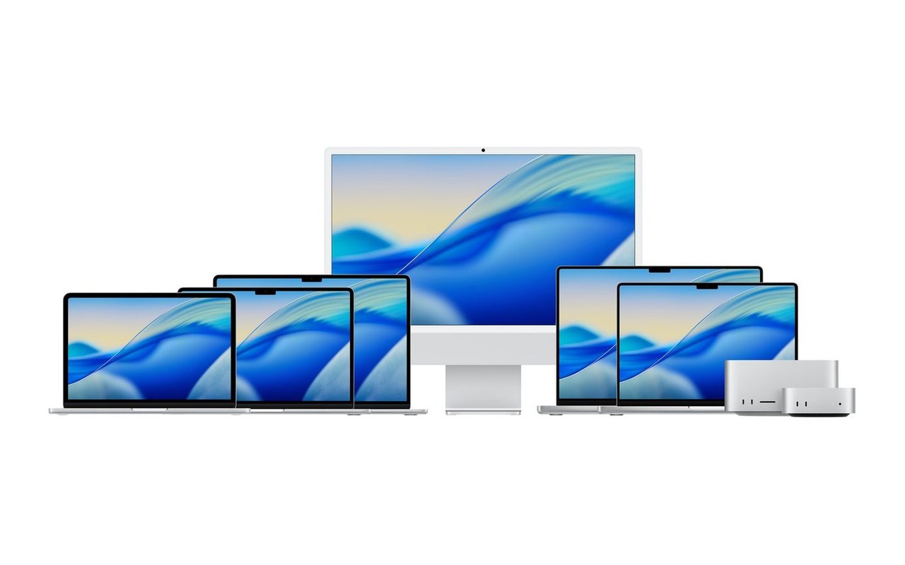 Mac-Familie mit iMac, MacBook Air, MacBook Pro, Mac mini und Studio Display nebeneinander