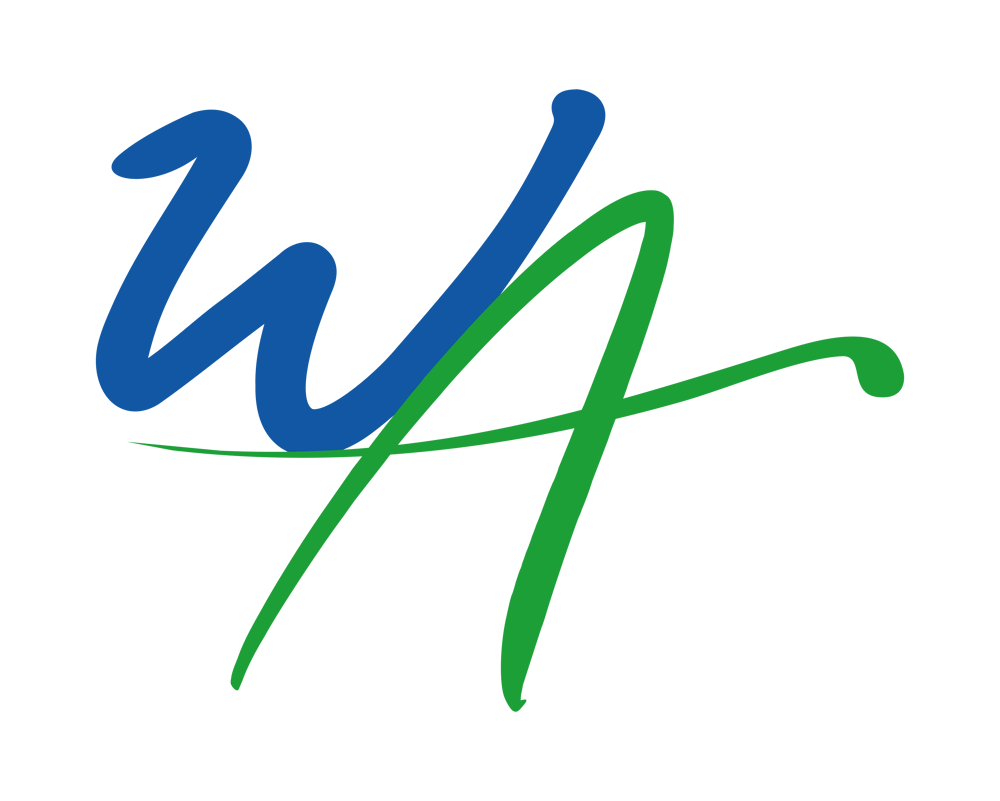 Blaues handschriftliches W und grünes A in Schreibschrift auf schwarzem Hintergrund.