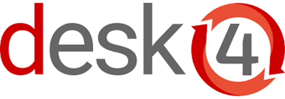 Das Logo zeigt das Wort "desk" in Grau, gefolgt von einer roten 4 in einem roten Kreispfeilsymbol.