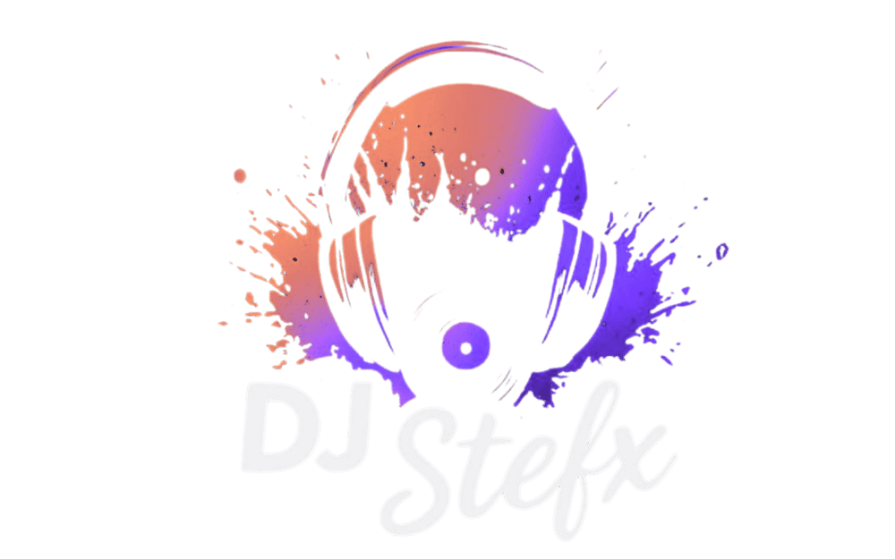 DJ StefX Logo mit Kopfhörern und Farbspritzern in Lila und Orange.