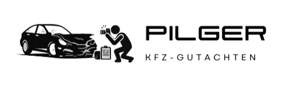Schwarzes Auto mit einem Gutachter davor, Text: PILGER KFZ-GUTACHTEN.