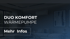 DUO KOMFORT WÄRMEPUMPE mit "Mehr Infos" Button über einem Wohnzimmer mit Klimaanlage.