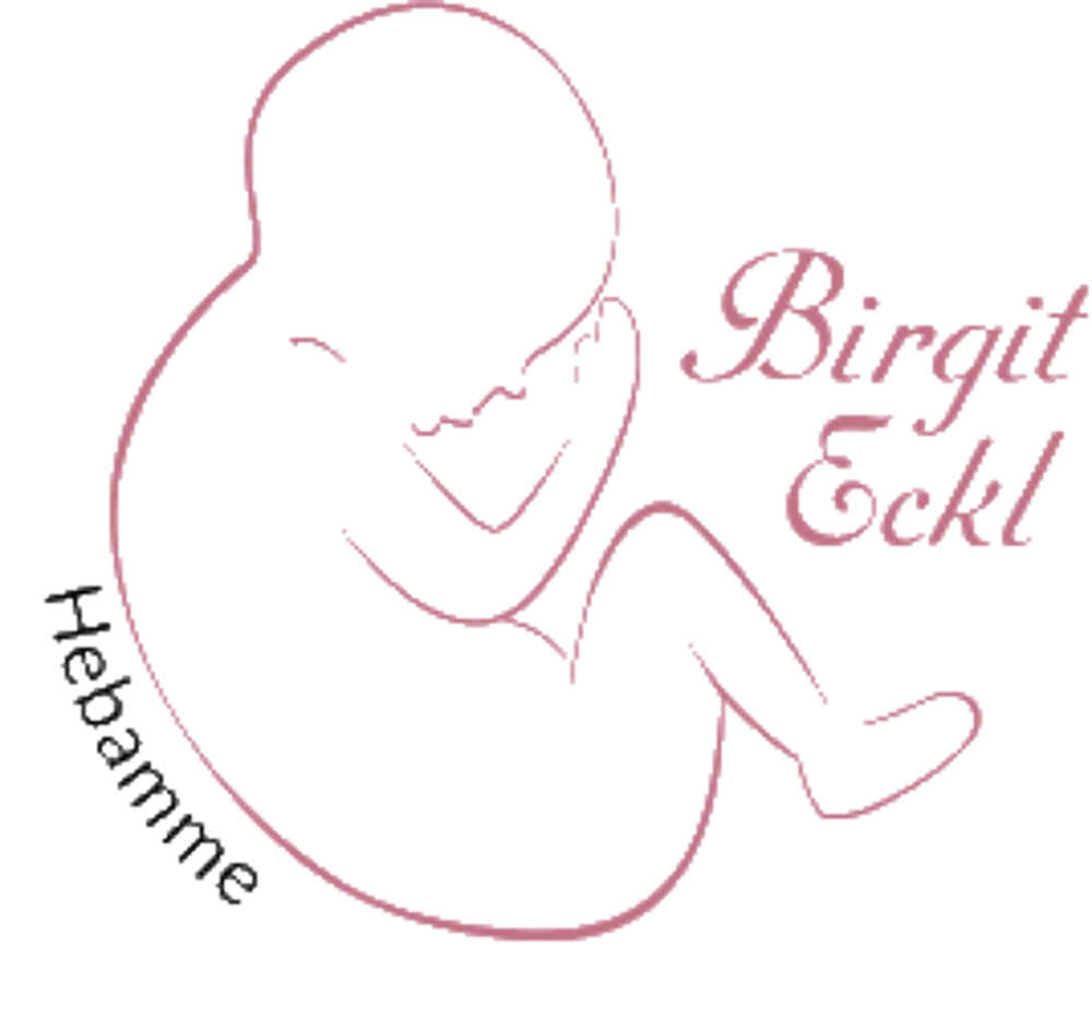 Rosa Umrisszeichnung eines Fötus in Embryonalstellung mit dem Schriftzug Birgit Eckl Hebamme auf schwarzem Hintergrund.