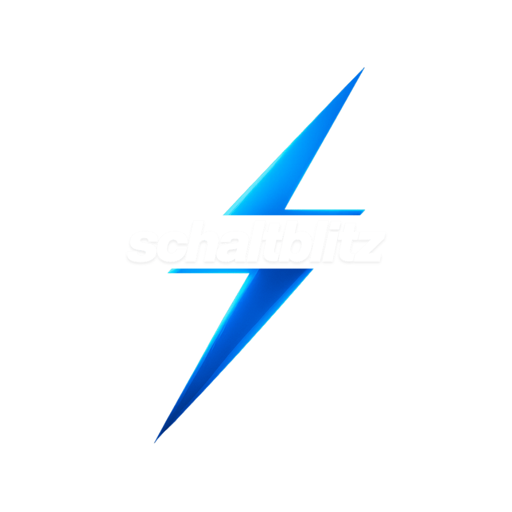 Blauer Blitz mit weißem Text "schaltblitz" in der Mitte.