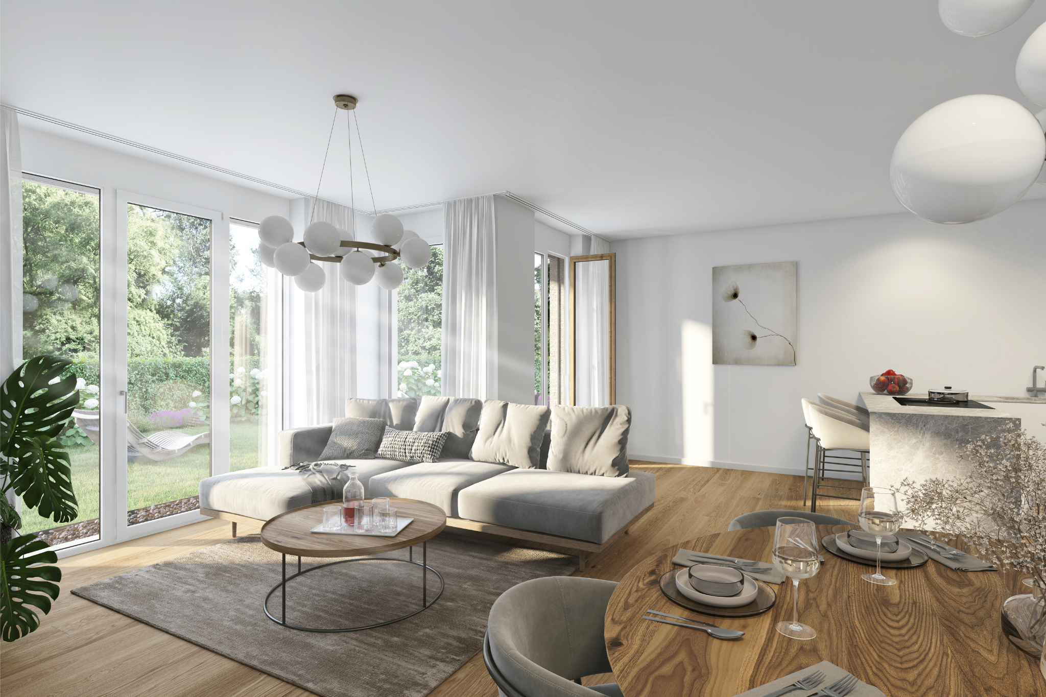 Wohnbereich der Gartenwohnung mit direktem Zugang zum privaten Garten