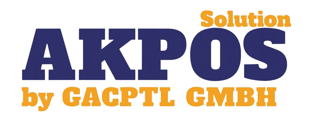 Logo mit "AKPOS Solution" in dunkelblauen und orangefarbenen Großbuchstaben, "by GACPTL GMBH" darunter.