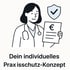 Ärztin mit Stethoskop und Dokument mit Eurozeichen, Schild mit Häkchen, Text: "Dein individuelles Praxisschutz-Konzept"