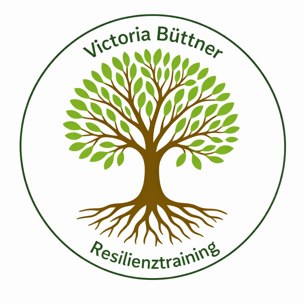 Logo mit Baum, Wurzeln und Text "Victoria Büttner Resilienztraining" in einem grünen Kreis.
