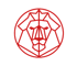 Roter, geometrisch stilisierter Löwenkopf in einem Kreis auf dunkelgrünem Hintergrund.