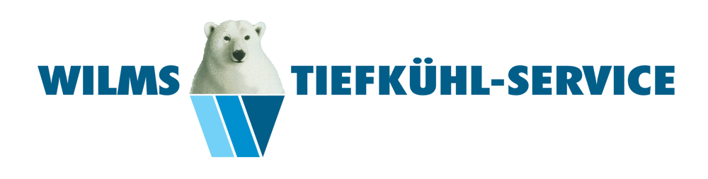 WILMS TIEFKÜHL-SERVICE Schriftzug mit Eisbär und blauen Eisschollen.