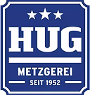 Blaues Logo mit weißem Text "HUG METZGEREI SEIT 1952" und drei Sternen.
