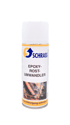 Schrass Epoxy-Rostumwandler Spraydose vor schwarzem Hintergrund mit Produktfoto von verrostetem Metall.