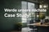 Text: "Werde unsere nächste Case Study!" auf verschwommenem Bürohintergrund mit Schreibtisch und Pflanzen.