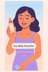 Eine lächelnde Frau hält eine Flasche Hautserum und zeigt die Beschriftung "my daily favorite glow routine" auf dem Bildschirm.