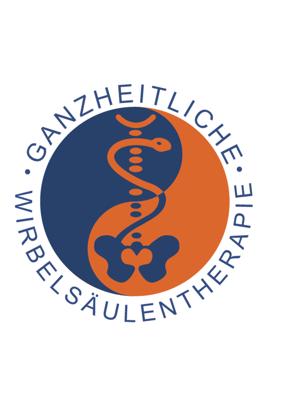 Yin-Yang-Symbol mit Wirbelsäule und Becken, umgeben von "GANZHEITLICHE WIRBELSÄULENTHERAPIE" in Blau und Orange.