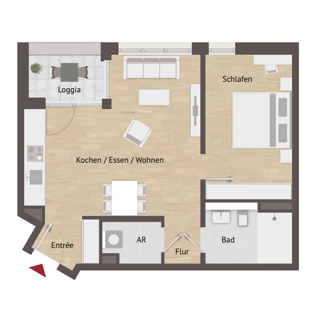 Grundriss Wohnung 2 – 2-Zimmer-Wohnung mit Loggia, ca. 59 m²