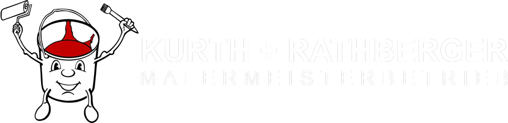 Lachender Farbeimer mit Pinsel und Rolle, Text: KURTH + RATHBERGER MALERMEISTERBETRIEB.