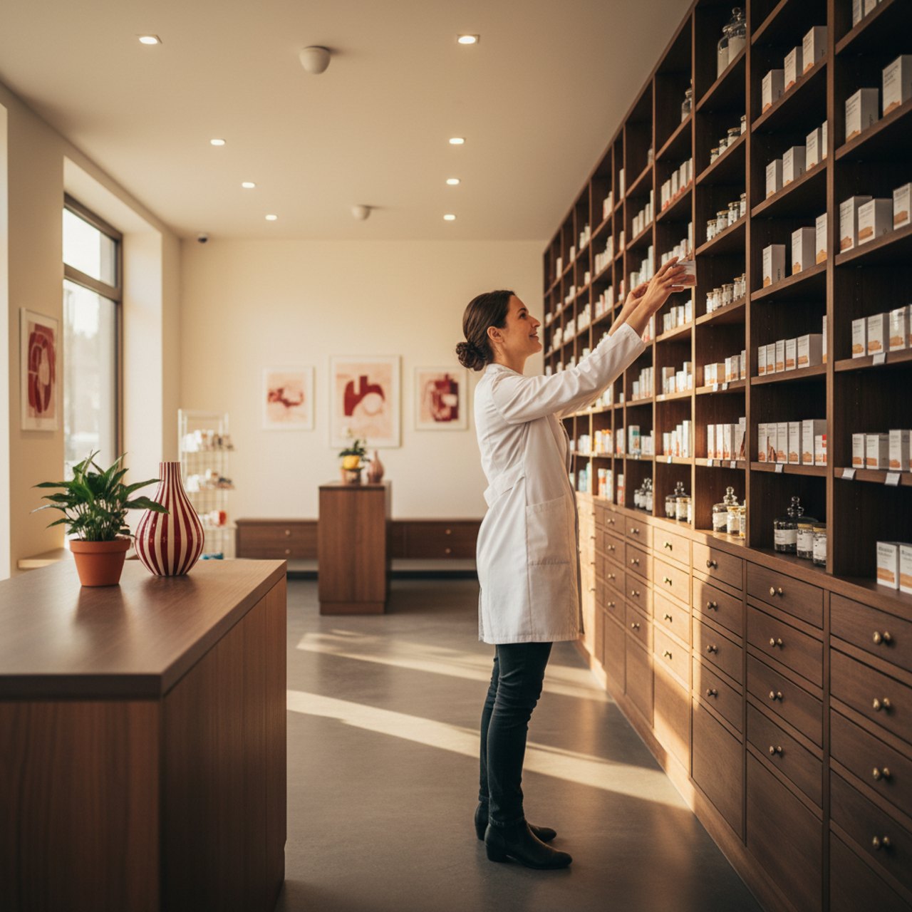 Apothekerin greift lächelnd ein Medikament aus dem Regal