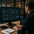 Mann arbeitet an Computer mit Dashboard für KI-Analyse, Datenstrom und Automatisierung.