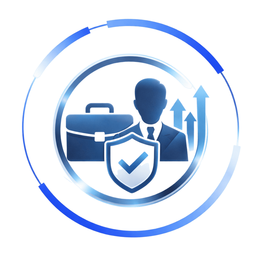 Geschäftsmann mit Aktentasche, Schild mit Häkchen und aufwärts zeigenden Pfeilen in einem Kreis.