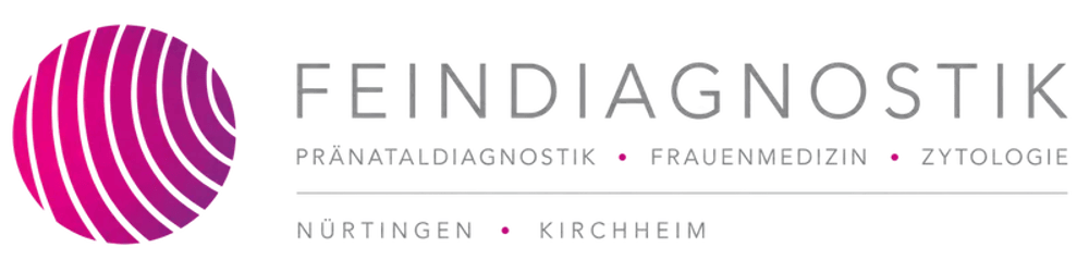 Logo von Feindiagnostik Nürtingen mit einem pinken Kreis mit wellenförmigen Linien und weißer Schrift auf grünem Hintergrund.