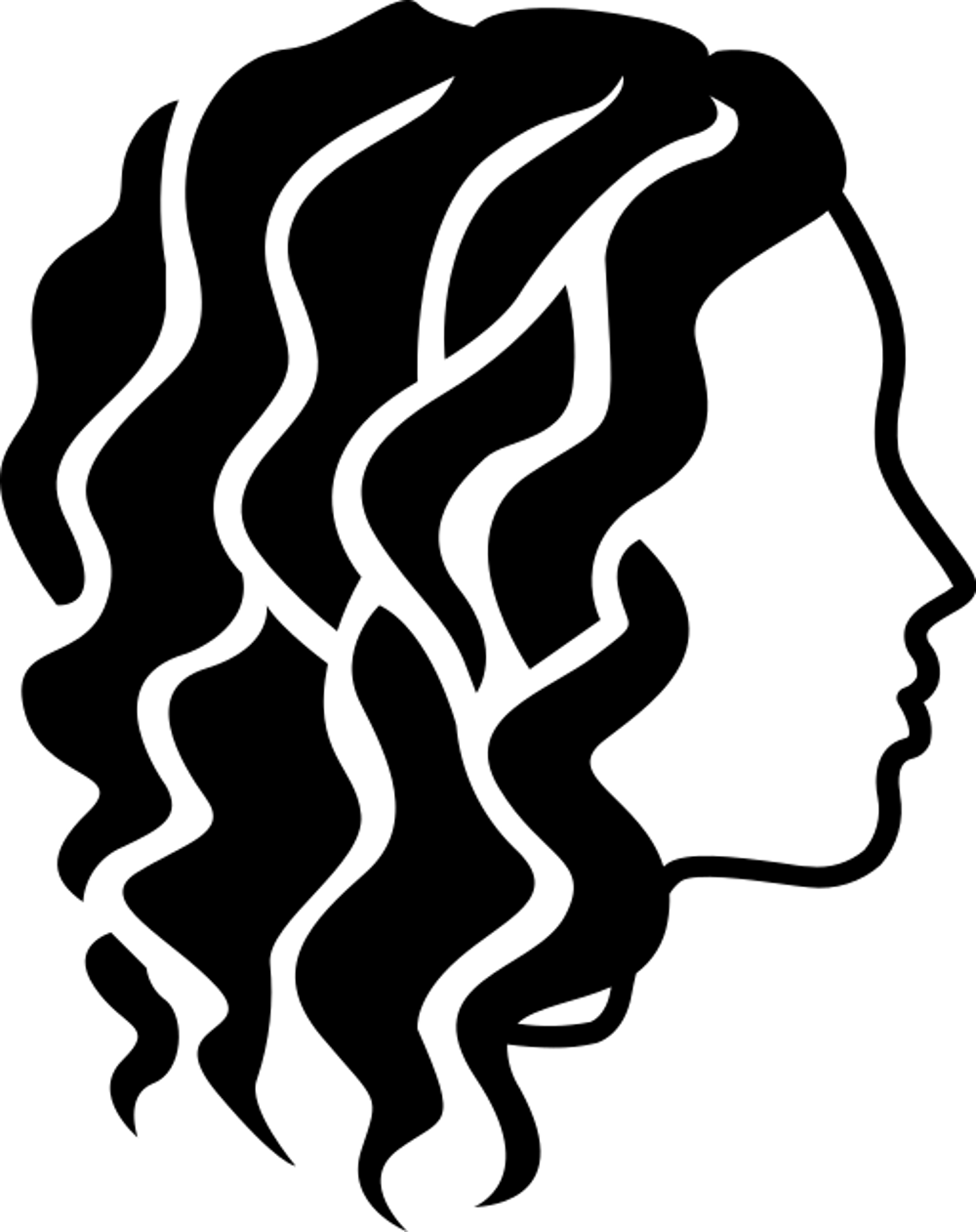 Schwarze Silhouette eines Frauenprofils mit lockigem Haar.